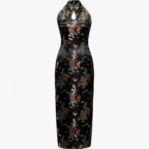 Sexy Chinese Dragon Qipao Cheongsam Satin Dress Oriental Halter Bodycon Midi